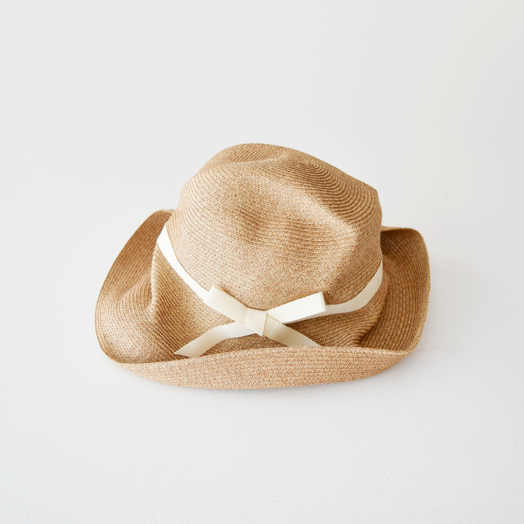 mature ha. BOXED HAT 11cm brim grosgrain ribbon　mix brown × ecru