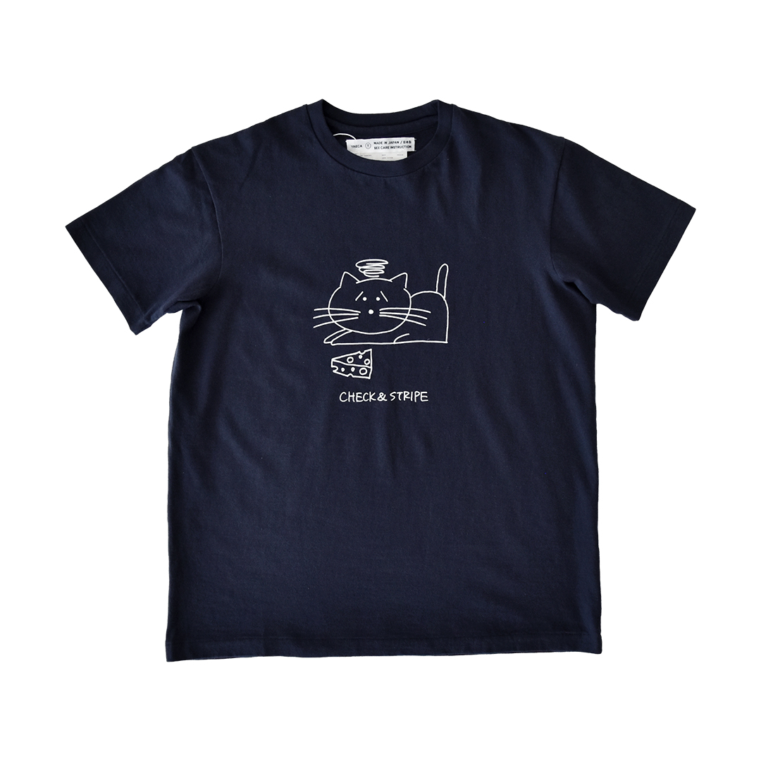 YAECA × CHECK&STRIPE イラストTシャツ キャット　ネイビー×ホワイトプリント  XLサイズ