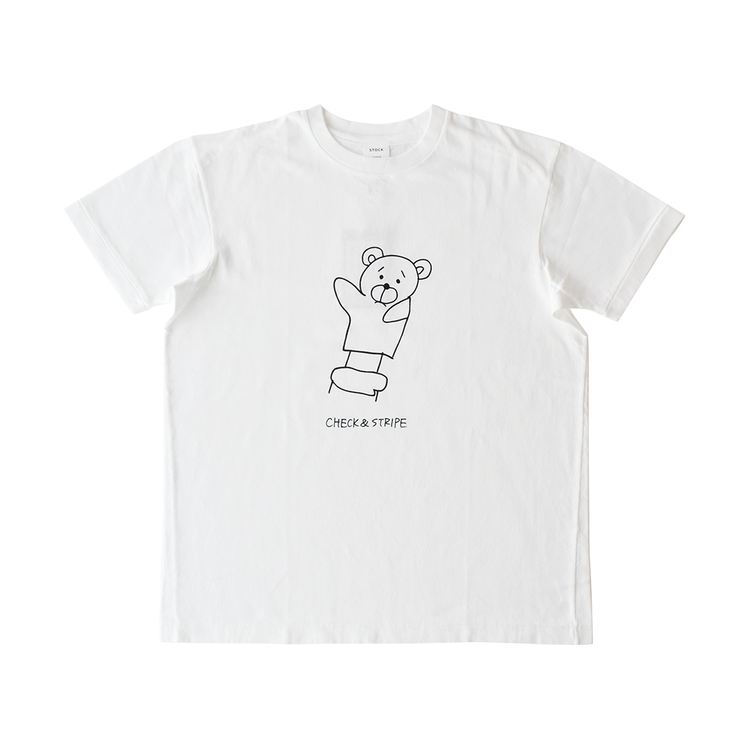 YAECA × CHECK&STRIPE イラストTシャツ パペット(ベア)　白×ブラック  Mサイズ