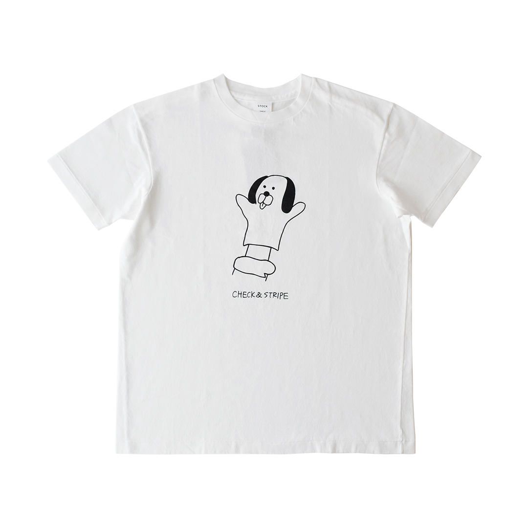 YAECA × CHECK&STRIPE イラストTシャツ パペット(ドッグ)　白×ブラック  Lサイズ