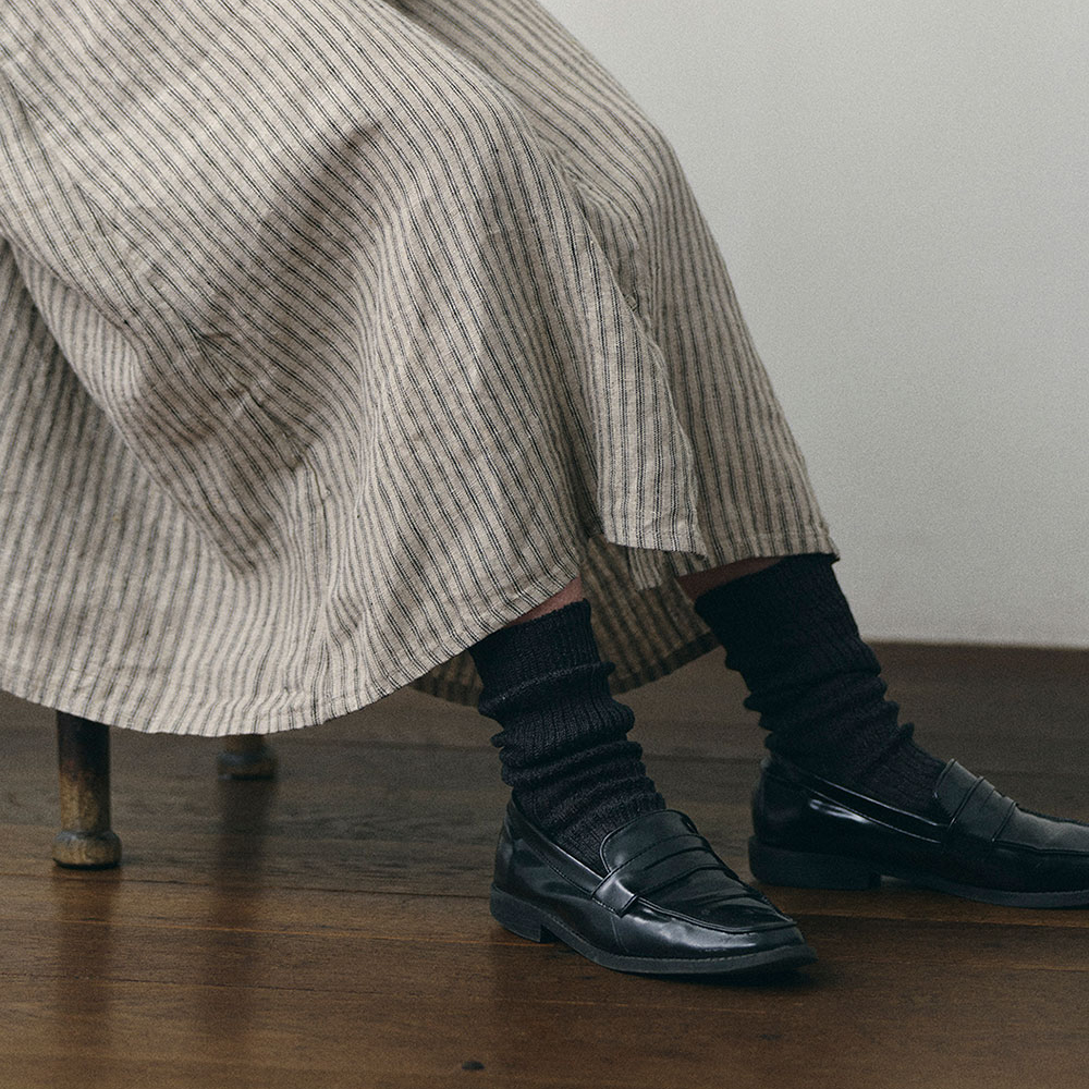 CHECK＆STRIPE / fog linen work リネンミドルゲージリブソックス ブラック